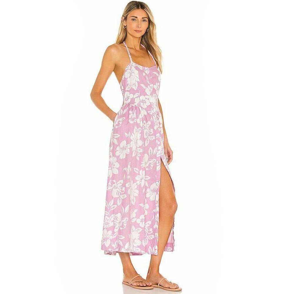Free People Large Floral Midi Dress Pink White Linen Perfect Sundress Dress NEW